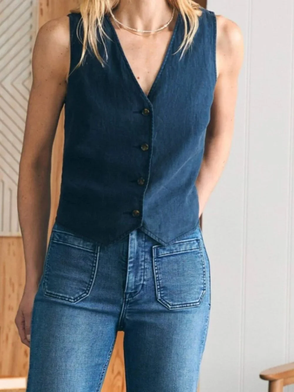 Faherty Monterey Linen Vest Women's XS Blue Summer Lightweight Minimalist Beach - Picture 1 of 10